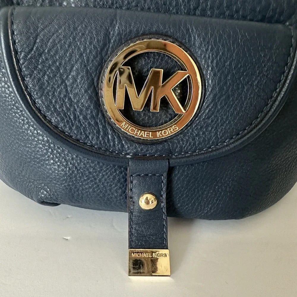 Michael Kors Fulton Large Hobo Shoulder Bag Navy Blue Pebbled Leather Gold MK